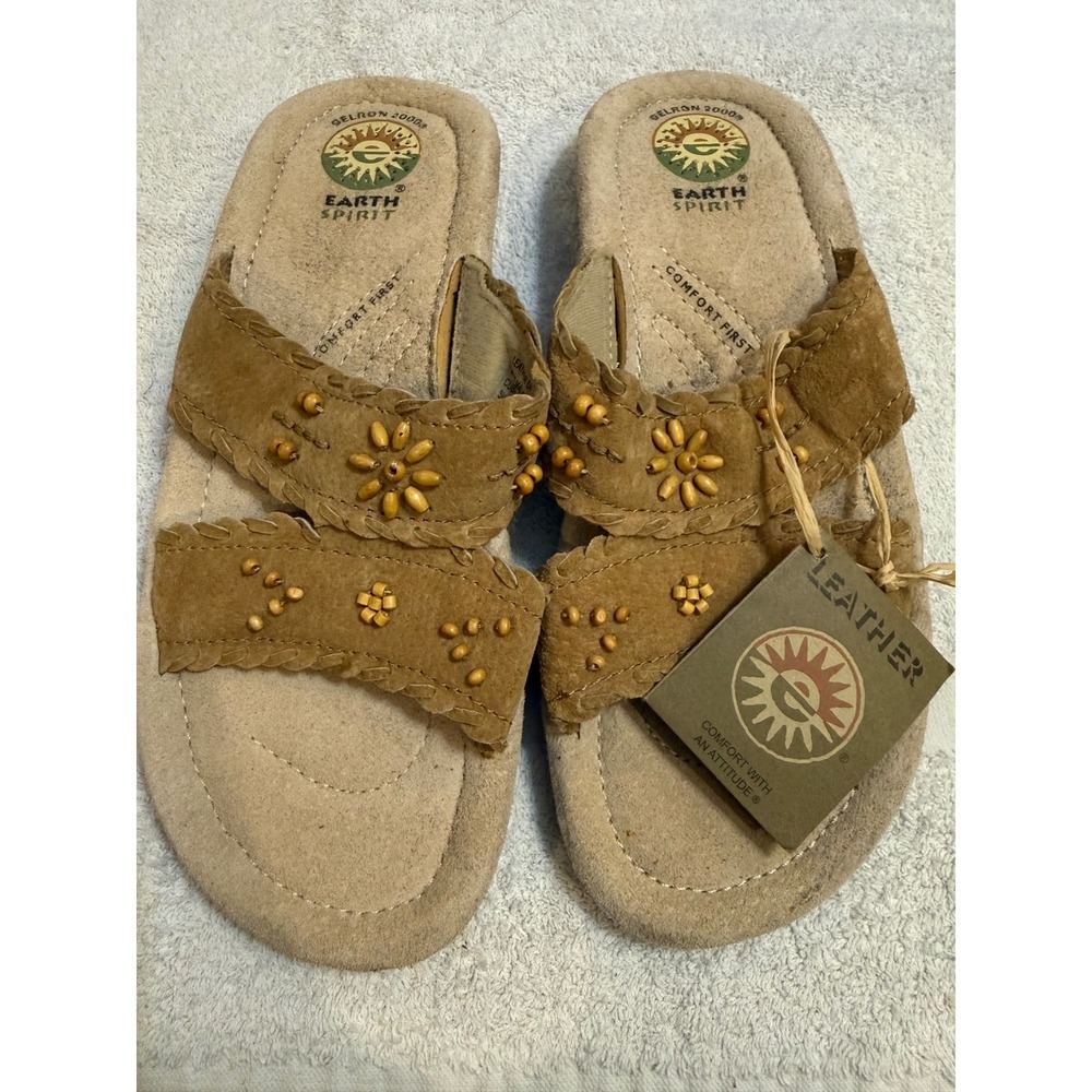 Earth Spirit Willow MW Leather Slide Sandals Sand Tan Wood Bead Floral Womens 8